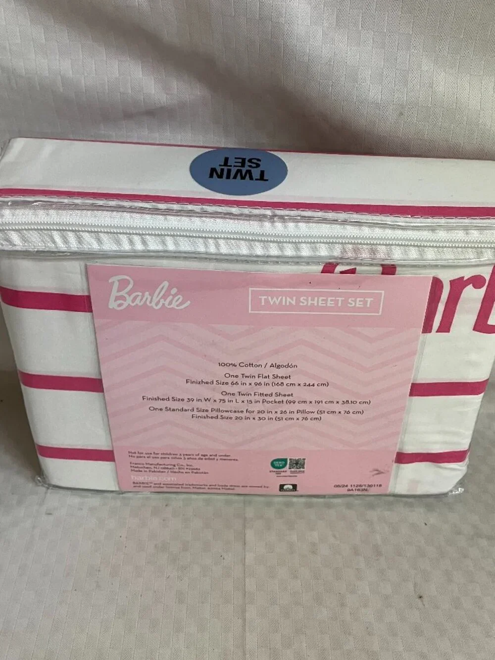 Barbie Movie Full Size Sheet Twin Set 100% Cotton Pink White Striped